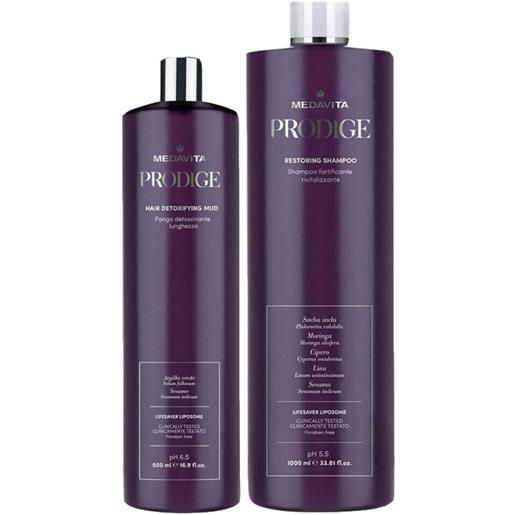 Medavita prodige restoring shampoo+hair detoxifying mud 1000ml+500ml - trattamento ristrutturante detossinante