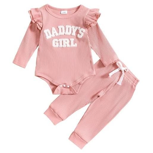 JiAmy completini per bambina 2 pezzi, neonata vestiti estivo manica lunga pagliaccetto con daddy's girl modello ricamato pantaloni lunghi tutina in cotone outfit, 9-12 mesi rosa