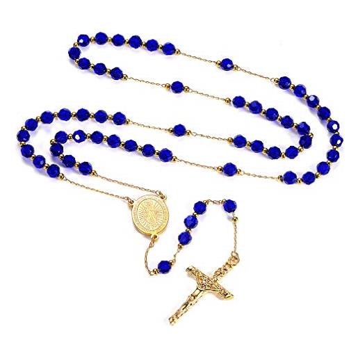 Faithheart - rosario con perline, rito cattolico, per donna e uomo, collana extra lunga e acciaio inossidabile, colore: crystal beads-blue, cod. Tn12044k-63-e
