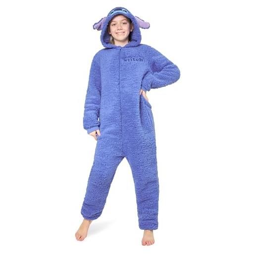 Disney pigiama intero bambina - pigiamone stitch in pile con zip 4-15 anni - pigiami interi con cappuccio gadget regalo (blu stitch, 11-12 anni)