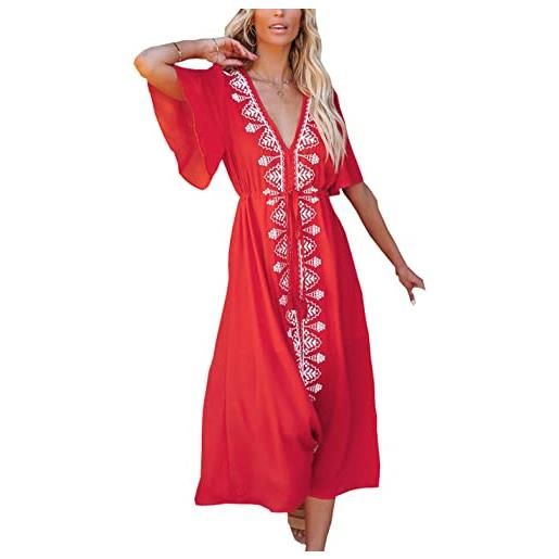 Youkd estate cotone floreale lungo kaftano boemia kimono beach costume da bagno coprire maxi vestito per le donne, rosso d, taglia unica