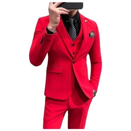 Adhdyuud abito da uomo (giacca + gilet + pantaloni), tinta unita, casual, per lavoro, ufficio, sposo, rosso, l