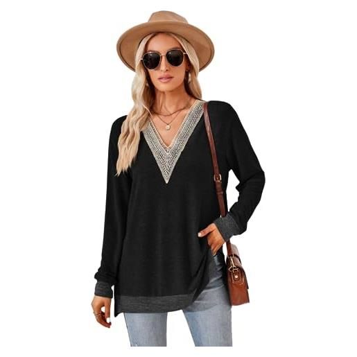 GRMLRPT magliette donna manica lunga autunno camicette in cotone scollo a v t-shirt top tinta unita elegante(nero, l)