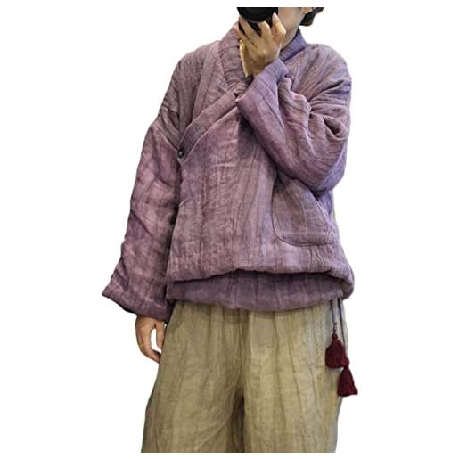 NFYM giacca da donna hanfu/hanten in cotone avvolgente cappotto frontale alto basso in lino irregolare caldo trapuntato corto outwear con nappa, viola, taglia unica