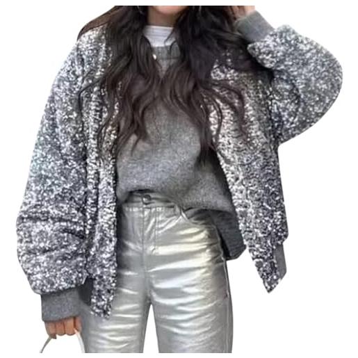 Minetom giacca bomber da donna paillettes patchwork giacchetto glitter manica lunga zip giacchetta giacca baseball outwear con tasche c argento l
