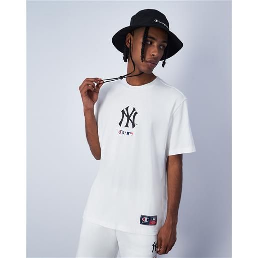 Champion x mlb t-shirt cosy fit in cotone new york yankees bianco uomo