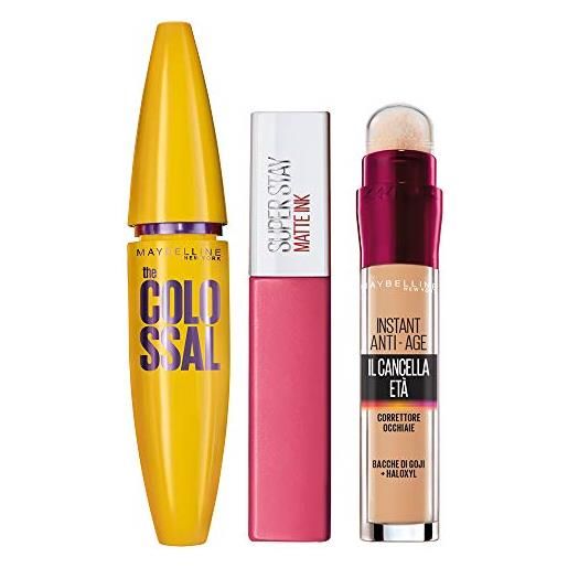 Maybelline new york kit make. Up giorno mascara volumizzante allungante, the colossal arricchito con collagene + correttore multi-uso il cancella età 02 nude + tinta labbra a lunga durata, matte ink 15 lover