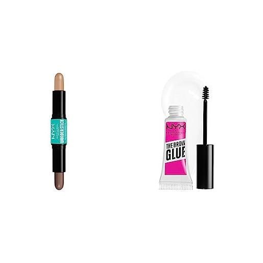 Nyx professional makeup highlight & contour stick, stick per contouring a doppia punta & the brow glue, gel trasparente per sopracciglia effetto laminazione