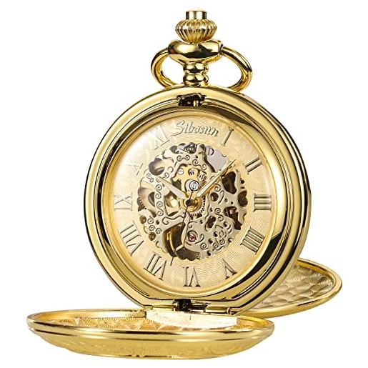 SIBOSUN -oro doppio quadrante scheletrato inciso orologio da tasca meccanico da uomo vintage movimento d'oro con scatola e catene per uomo donna