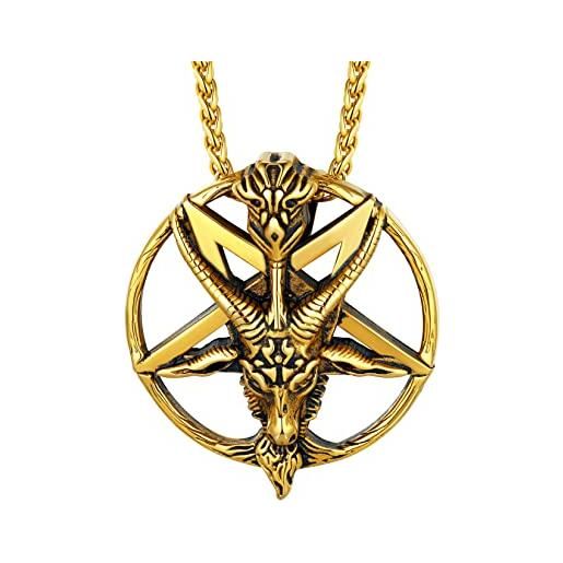U7 amuleto - collana in acciaio inox/placcato oro 18 carati, con ciondolo a forma di testa di capra, 55 + 5 cm, simbolo satanico baphomet la. Vey occult, acciaio inossidabile