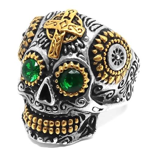 BOBIJOO JEWELRY - anello anello uomo teschio biker maya croce d'oro, acciaio inossidabile, oro argento verde - 31 (14 us), acciaio inossidabile 316