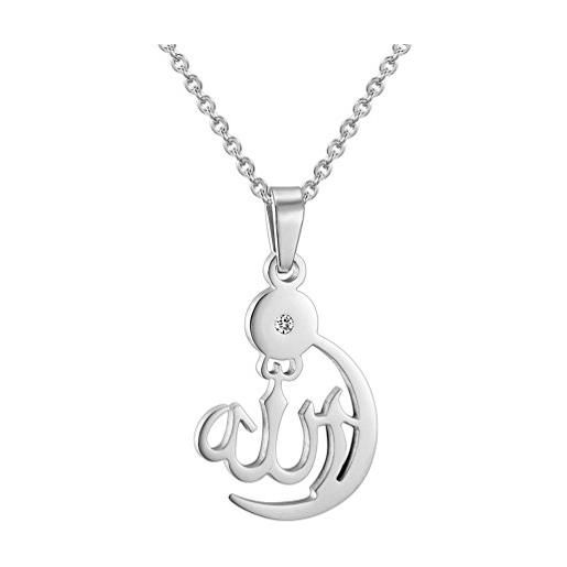 PROSTEEL collana pendente donna allah, catena regolabile 50 55cm, acciaio inox, gioiello religioso religione sura islamico musulmano, argento (confezione regalo)