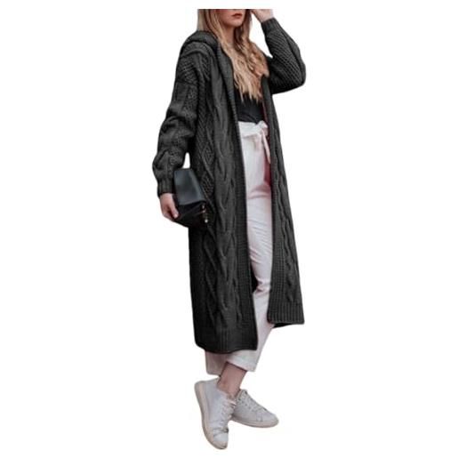 Tdvcpmkk cardigan da donna lavorato a maglia lungo sciolto tinta unita con cappuccio anteriore caldo autunno e inverno giacca maglione lavorato a maglia, grigio scuro, l