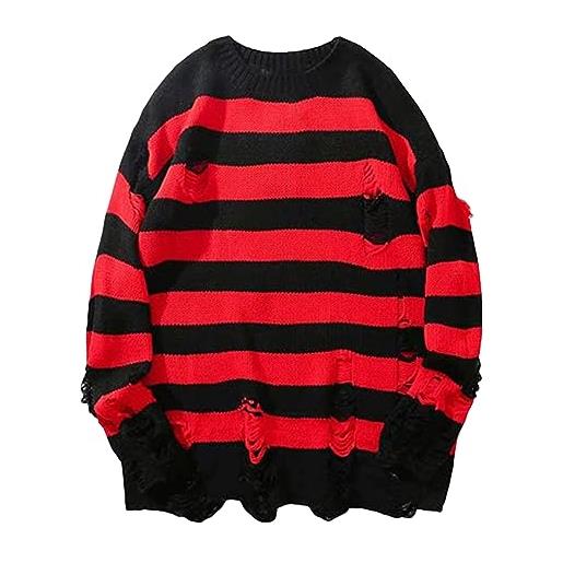 Generic maglione di lana a righe da uomo pullover strappato ampio top a maniche lunghe unisex primavera autunno black red m