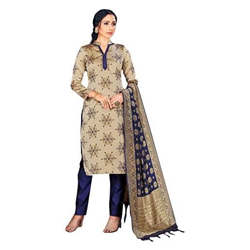 STYLE INSTANT abito da donna indiano pakistano readymade | banarasi art silk salwar kameez | tuta in seta intrecciata con cuciture dupatta, beige, m