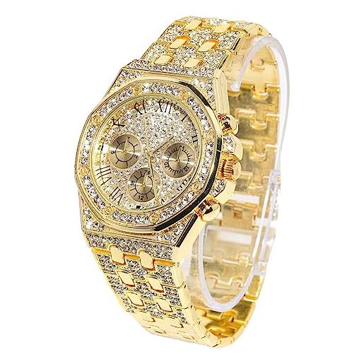 HALUKAKAH orologio oro con diamanti per uomo, placcato oro larghezza 20mm quarzo cinturino 22cm, con pacco regalo