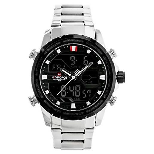 Naviforce - nf9138s - men's fashion dual time analogue digital quartz wrist watch, metal band, waterproof (cinturino: argento/indice: argento)