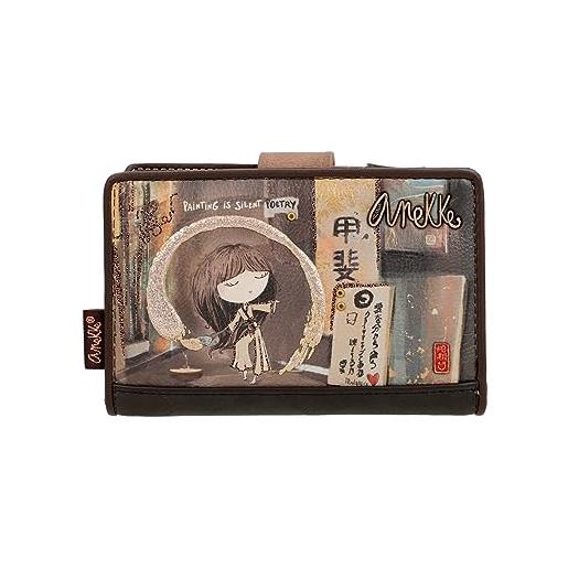 Anekke - portafoglio medio da donna - protezione rfid - portafoglio in ecopelle con chiusura a cerniera e linguetta shōen - accessori donna - misure 14x10x2 cm, multicolore