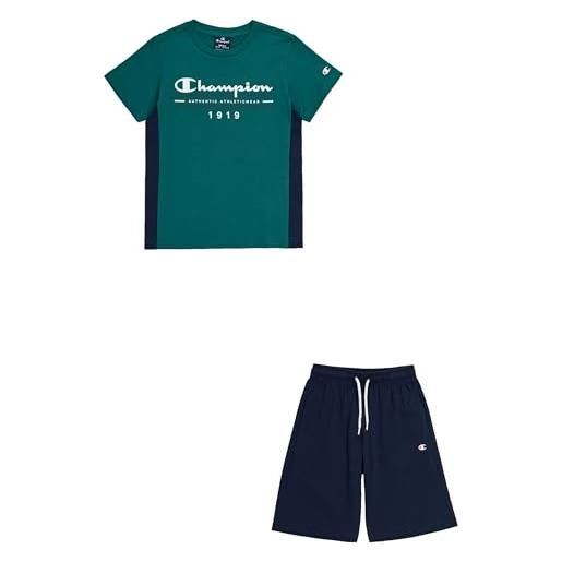Champion legacy graphic shop b - since 1919 crewneck t-shirt & shorts completo, verde bosco/blu marino, 7-8 anni bambini e ragazzi ss24