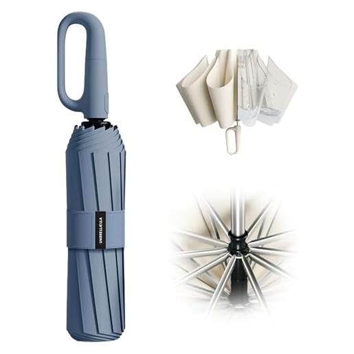 RePaLy ombrello con fibbia ad anello, striscia di sicurezza riflettente, robusto antivento, viaggio portatile, ombrello automatico inverso, ombrello da viaggio pieghevole compatto (blu)