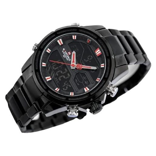 Naviforce - nf9138s - men's fashion dual time analogue digital quartz wrist watch, metal band, waterproof (cinturino: nero/indice: rosso)