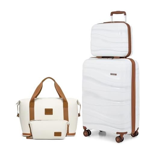KONO set di 3 valigie rigida 36/55+borse da viaggio trolley valigia polipropilene con tsa lucchetto e 4 ruote (bianco crema)