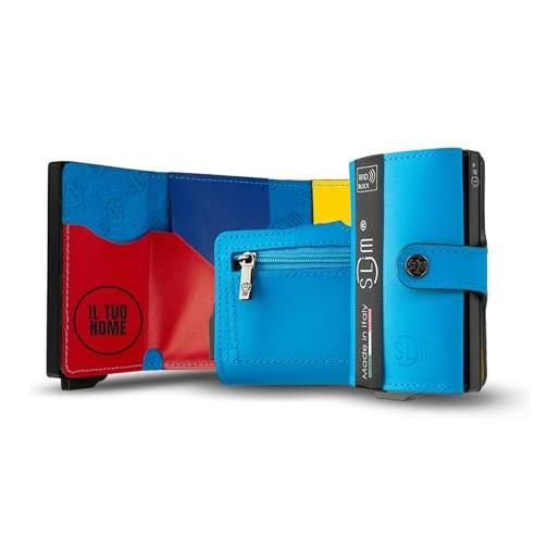 SLim portafoglio personalizzabile porta carte di credito schermato portacarte anticlonazione uomo donna personalizzabile (azzurro multicolor con zip)