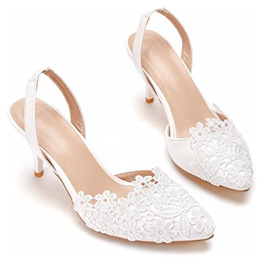 FNKPI scarpe da sposa da sposa, scarpe da sposa con cinturino alla caviglia da donna, scarpe da sposa in pizzo bianco da sposa per matrimoni, feste, feste da ballo, bianca, 43 eu