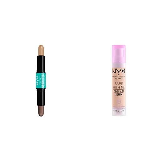 Nyx professional makeup highlight & contour stick, stick per contouring a doppia punta & bare with me, siero correttore, naturale, copertura media, light, 9.6ml