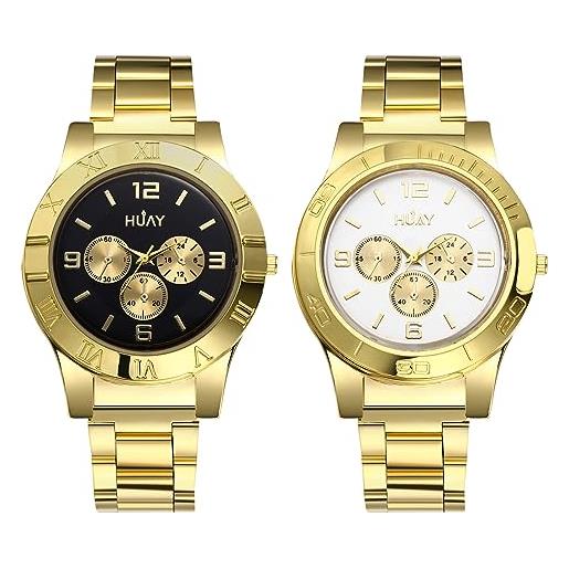 JewelryWe - 2pezzi orologio da polso da uomo quadrantini finti cinturino catena regolabile colore oro bianco/nero