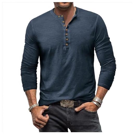 Plilima maglietta da uomo manica lunghe casuale henley tshirt uomo cotone t shirt vintage uomo blu m