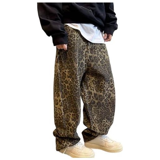 SHINROAD retro pantaloni di tela lavata pantaloni stampa leopardo pantaloni uomo loose fit hip-hop stile bottoms morbido traspirante vita media street, leopard, 36-41
