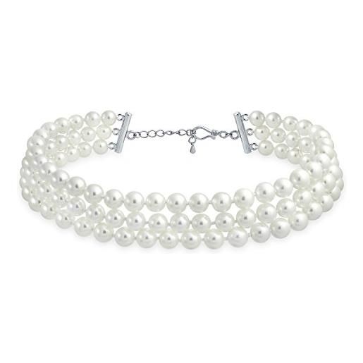 Bling Jewelry collana a collo choker intrecciata a mano con 3 file di perle bianche simulate adatta a ragazze adolescenti e donne placcata in argento