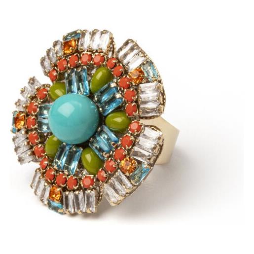 Sodini galen anello fiore grande con cristalli e pietra turchese multicolore
