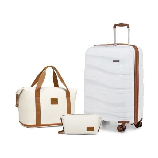 KONO set di 2 valigie rigida 55cm +borse da viaggio trolley valigia polipropilene con tsa lucchetto e 4 ruote (bianco crema)