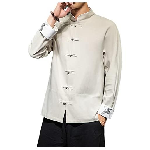 Saeohnssty camicia da uomo cinese hanfu tang suit cotone lino tinta unita tradizionale kung fu camicia, canapa beige, l