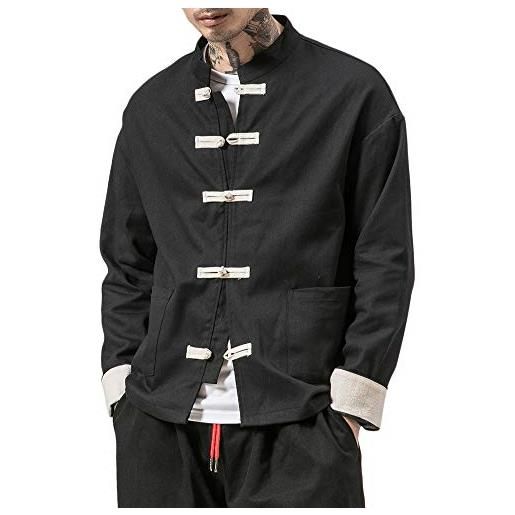 Shaoyao uomini cinese kung fu classico stile lino manica lunga camicia camicetta cappotto nero 2xl
