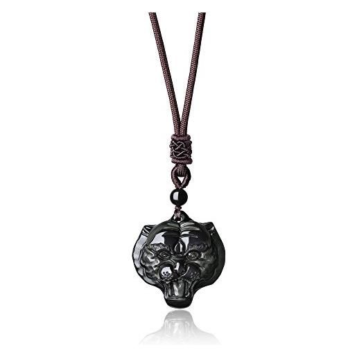 COAI collana regolabile con pendente in ossidiana nera a forma di testa di leone, ciondolo in pietre naturali con animali della mitologia cinese simboli di buon auspicio