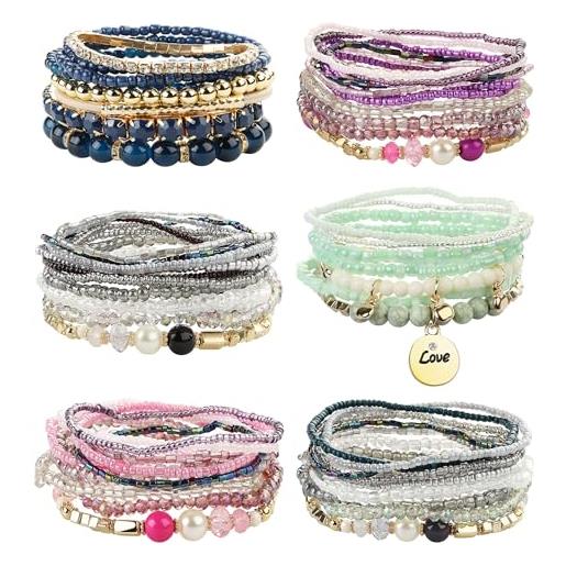 FIOROYAL set di 6 braccialetti bohemien impilabili per donna, set di braccialetti elastici multistrato, gioielli bohémien multicolore, grano