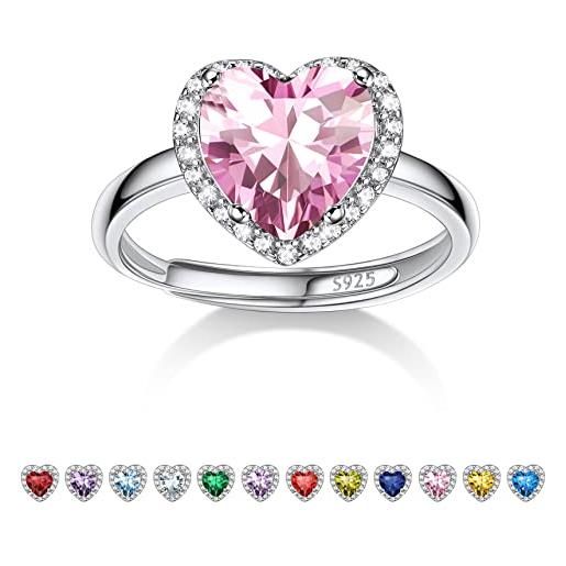Bestyle anello da donna in argento 925 regolabile con pietra rosa tormalina ottobre, anello regolabile con pietra portafortuna cuore anello in argento 925 donna, confezione regalo