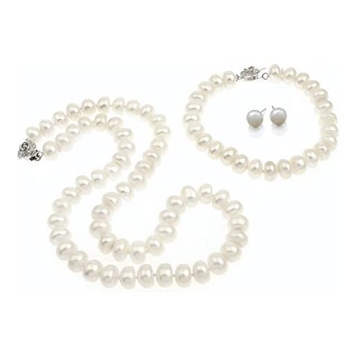 TreasureBay set di collana e orecchini di perle d'acqua dolce bianche di grado aa per donna, set di gioielli di perle, 8-9 mm, (bianco)