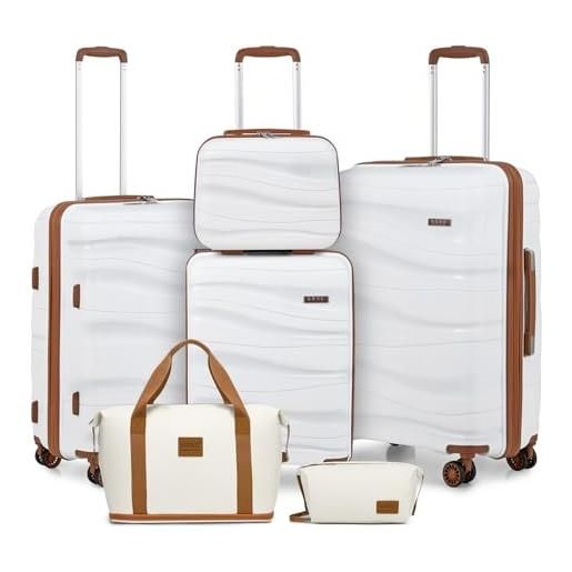 KONO set di 5 valigie rigida 36/55/66/76cm +borse da viaggio trolley valigia polipropilene con tsa lucchetto e 4 ruote (bianco crema)
