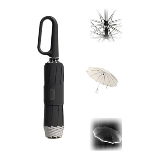 KmoNo ombrello con fibbia ad anello, ombrello pieghevole portatile, striscia di sicurezza riflettente, robusto antivento, ombrello antivento completamente automatico infrangibile (black)