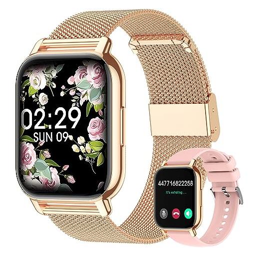 Popglory smartwatch uomo donna, 2 cinturini orologio chiamate e whatsapp, contapassi assistente vocale, orologio digitale 24h cardiofrequenzimetro, pressione sanguigna spo2 sonno, regalo android ios