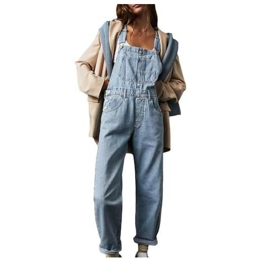 shownicer salopette casual stretch denim donna jeans tuta con tasche ragazza sciolto overall lunga casual pantaloni jumpsuit a bianco m