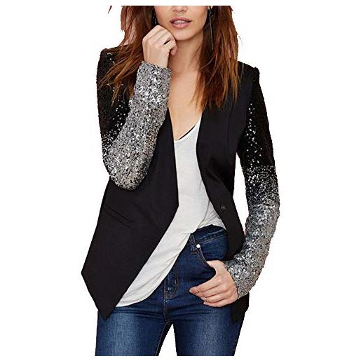 Shaoyao donna maniche lunghe blazer cappotto con paillettes giacca taglio regolare nero s