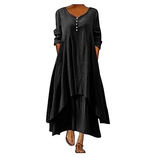 BOTCAM abito estivo da donna, in cotone, a maniche lunghe, a maniche corte, maxi abito in lino con tasche, con scollo a v, pieghevole, a strati, stile boho, casual, casual, casual, stile retrò, caftano, 