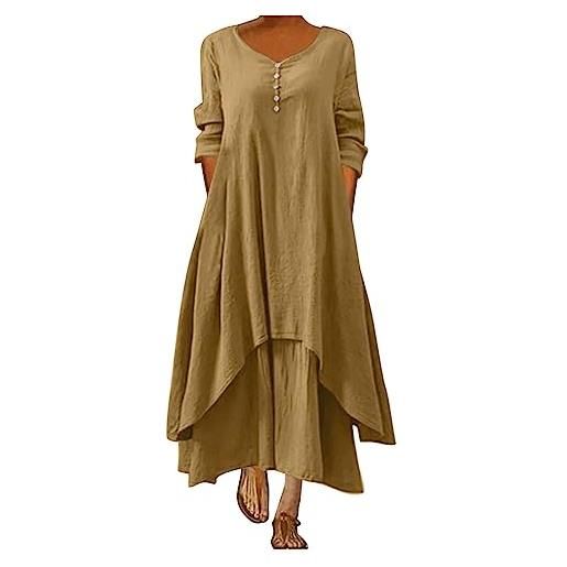 BOTCAM abito estivo da donna, in cotone, a maniche lunghe, a maniche corte, maxi abito in lino con tasche, con scollo a v, pieghevole, a strati, stile boho, casual, casual, casual, stile retrò, caftano, 