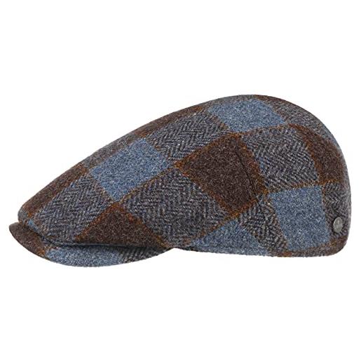 LIERYS coppola capri check virgin wool uomo - made in italy cappellino lana cappello piatto con visiera, fodera autunno/inverno - 58 cm marrone-blu