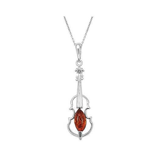 Kiara Jewellery - collana in argento sterling 925 con ciondolo a forma di violino in ambra marrone, lunghezza 45,7 cm